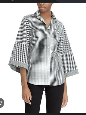 Lauren Ralph Lauren Cotton Gingham Bell Sleeve Button Front Blouse sz 3X Black